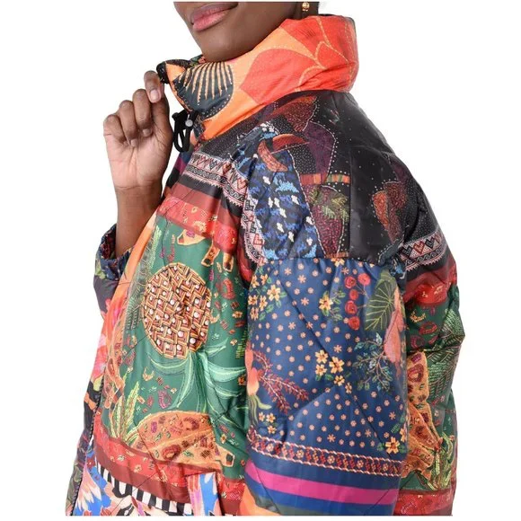 FARM Rio Mixed Scarves Reversible Puffer Jacket Patchwork Dopamine - Picture 1 of 14